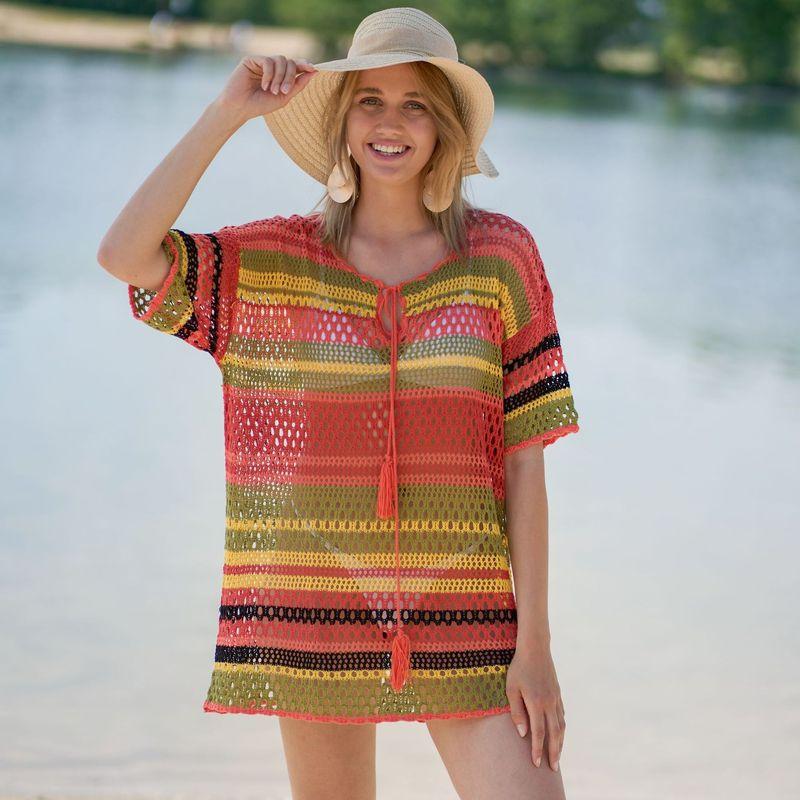 Knitted Color Stripes Beach Cover-up Sexy Hollow Out Cutout Vacation Sun Protection Shirt Bikini Swimsuit Blouse Bella Mia
