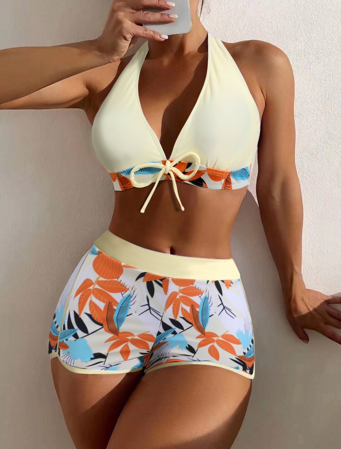 Swimsuit Women Split High Waist Boxer Lace Printing Solid Color Stitching Swimsuit Bella Mia