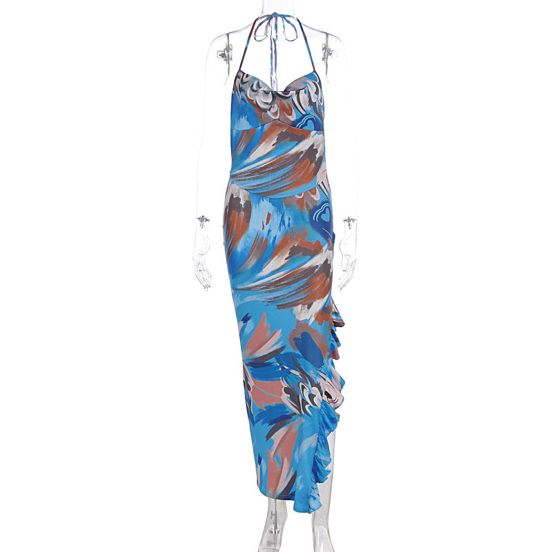 Summer Sexy Slim Print Lace up Sleeveless Hip Lotus Leaf Split Dress Bella Mia