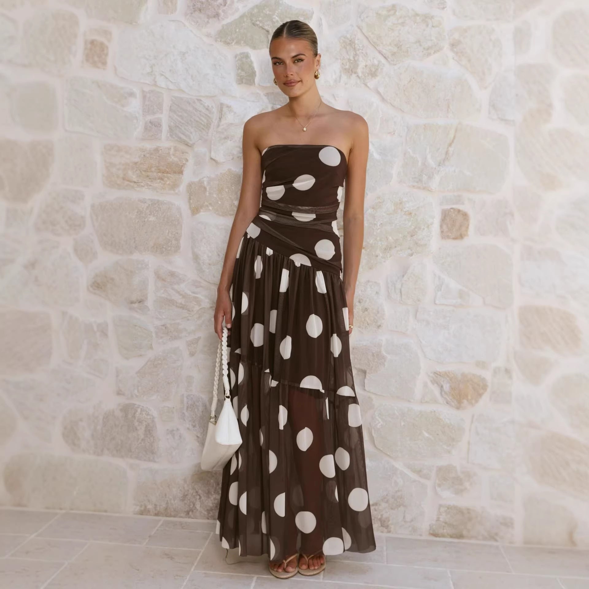 Goods Summer Polka Dot Print Wrapped Chest off Shoulder Mesh Maxi Dress Bella Mia