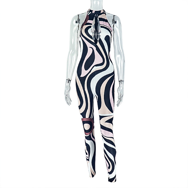 Personality Women Printed Wear Hollow Out Cutout out Slim Fit Sheath Jumpsuit Sleeveless Zebra Pattern Long Jumpsuit Bella Mia