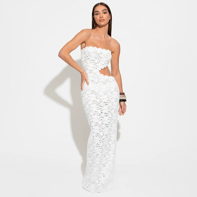 Women Clothing Solid Color Sleeveless Backless Lace Hollow Out Cutout out Slim Fit Dress Bella Mia