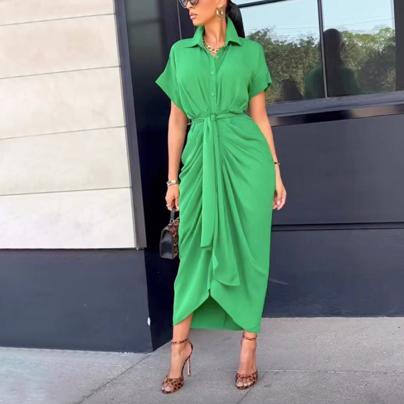 Women Clothing Dress Arrival Collared Elegant Mid Length Short Sleeve Single Breasted High Waist Shirt Dress