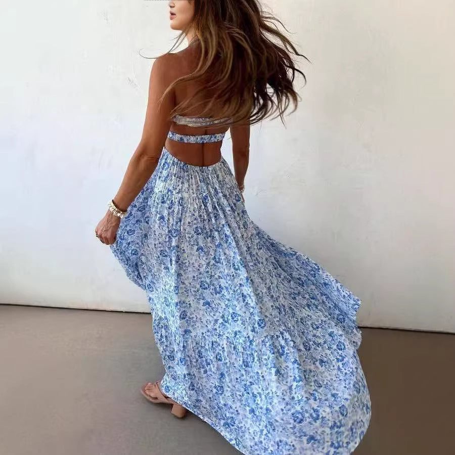 Summer Tube Top Floral Dress Seaside Vacation Twisted Hollow Out Cutout out Large Swing Dress for Women