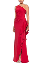 One Shoulder Elegant Solid Color Slim Waist Split Fishtail Side Ruffled Evening Dress Bella Mia