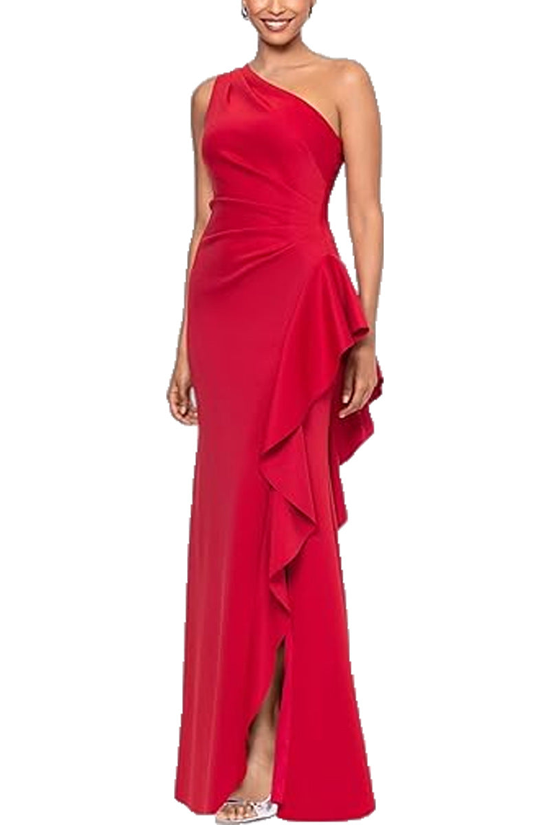 One Shoulder Elegant Solid Color Slim Waist Split Fishtail Side Ruffled Evening Dress Bella Mia