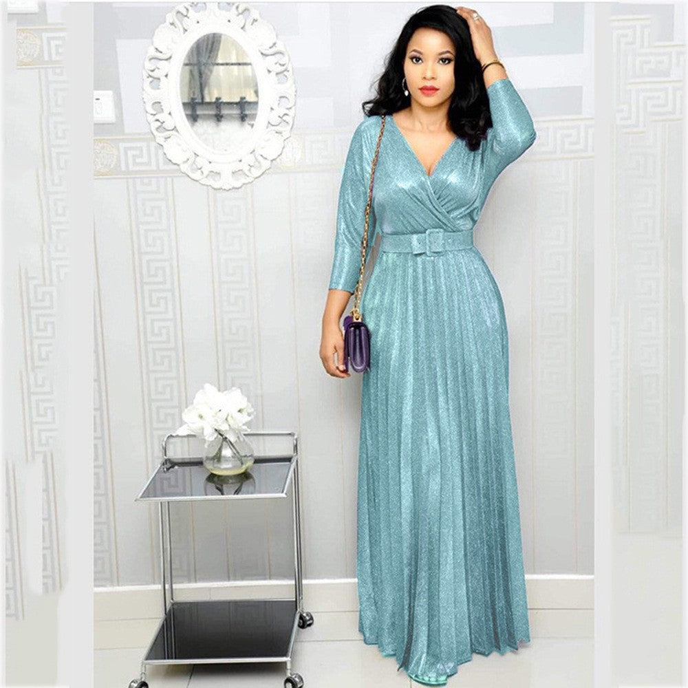 Winter African Women Wear Long Sleeve Bronzing Pleated Swing Dress with Belt Glittering Powder Fabric Bella Mia