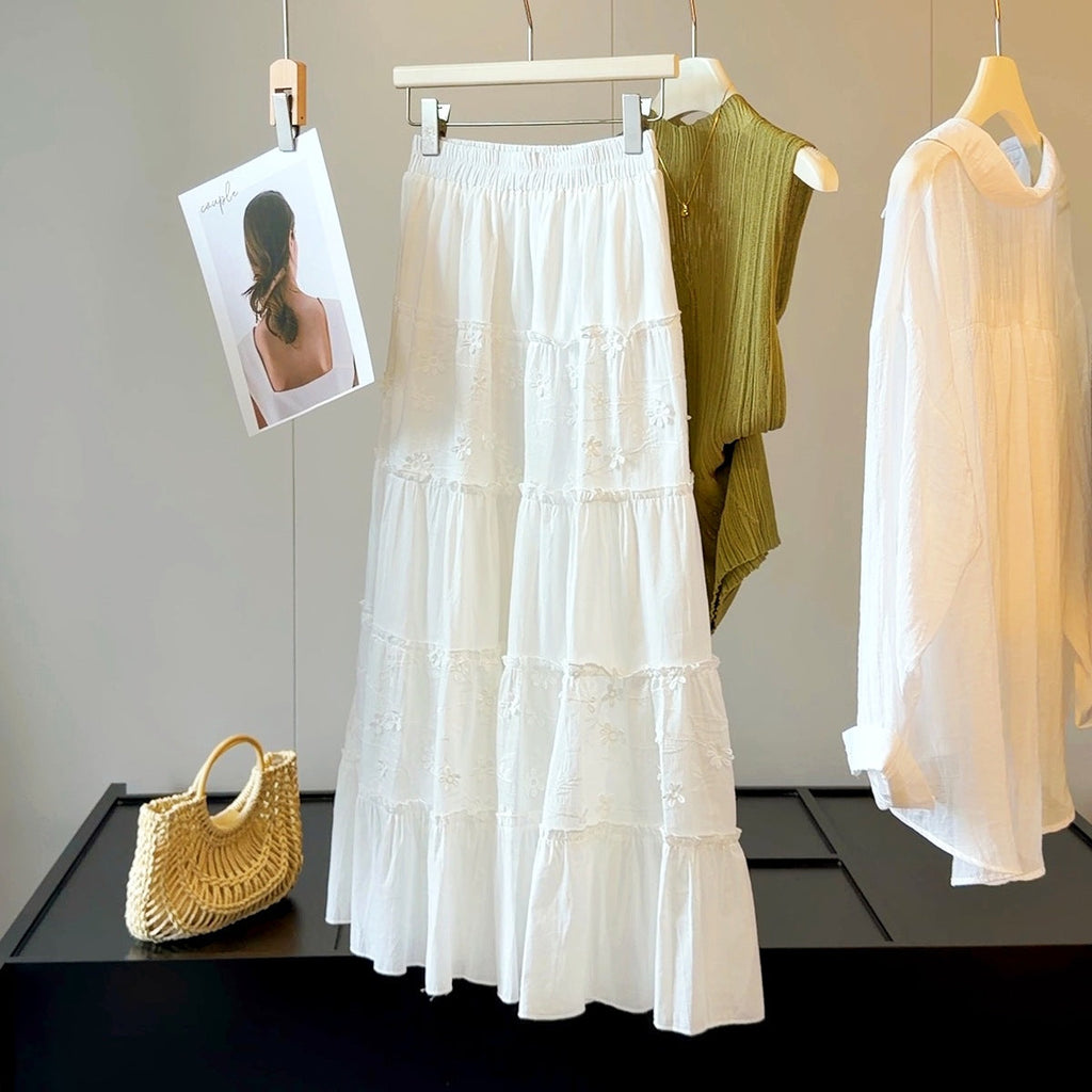 White Three Dimensional Floral Skirt Women Summer High Waist Slimming A line Splicing Tiered Long Skirt