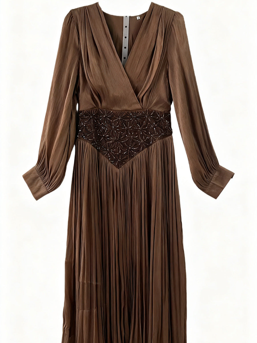 Elegant Long Sleeve Solid Color Diamond Dress Autumn High Grade Waist Slimming Dress Women Bella Mia