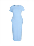 Solid Color round Neck Tight Mid Length Dress Rib Knitted Short Sleeve Slim Dress