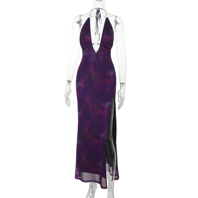 Women Clothing Chain Season Floral Print Slit Sexy V neck Small Backless Slim Fit Dress Bella Mia