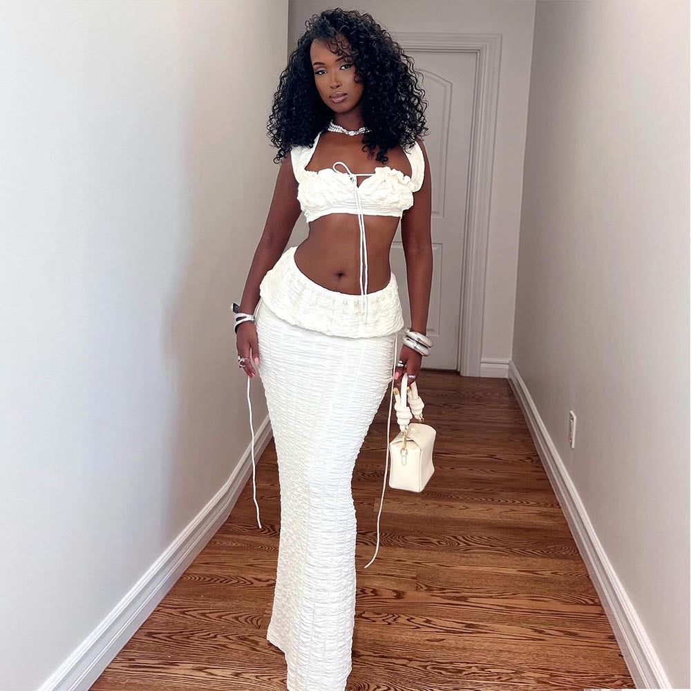Women Clothing Autumn Lace up Cropped Pleated Sexy Skirt Set Bella Mia