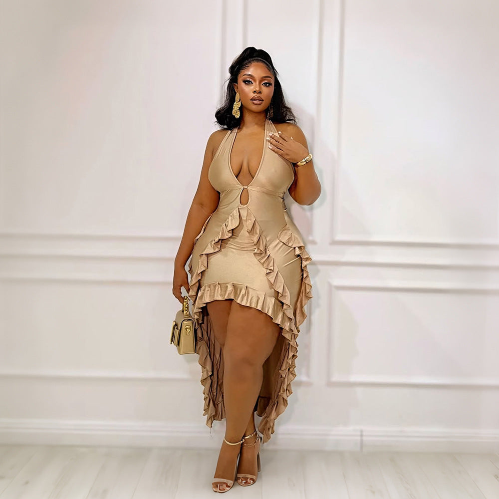 Women Clothing Sexy V neck Wooden Ear Irregular Asymmetric Backless Halter Dress