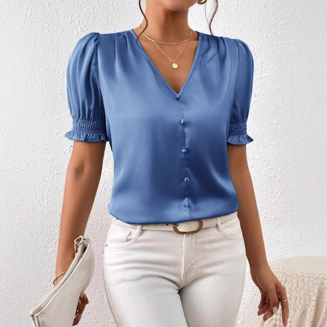 Satin V neck Buttons Shirt Spring Autumn French Casual Short Sleeve Ruffle Blouse Bella Mia