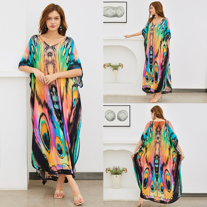 Rayon Printed Loose plus Size Robe Beach Cover up Vacation Maxi Dress Sun Protection Shirt Women Bella Mia