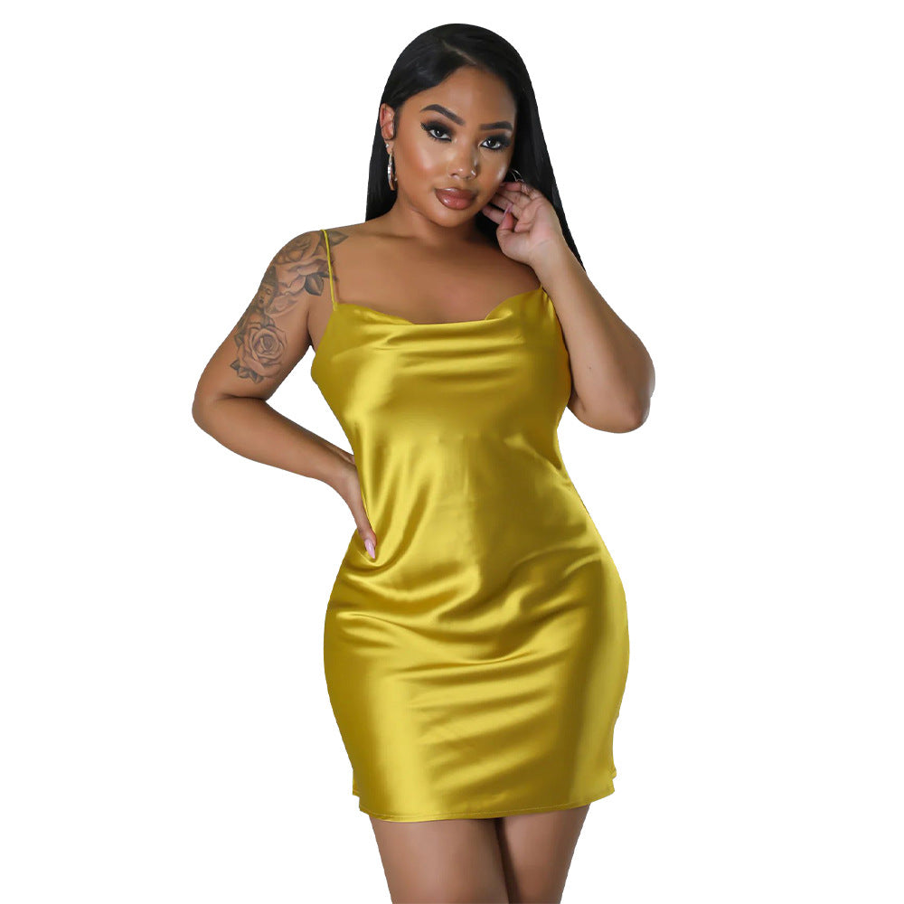Women Clothing Solid Color Backless Dress Artificial Silk Sexy Swing Collar Sling Dress Bella Mia