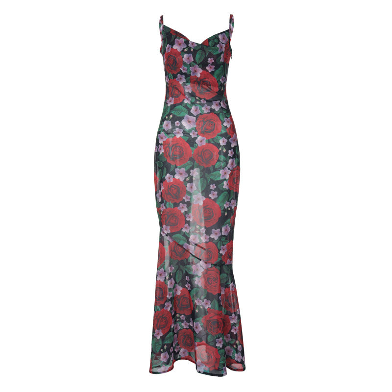 Spring Fashionable Sexy V neck Elegant All Match Slim Fit Long Printed Cami Dress for Women Bella Mia