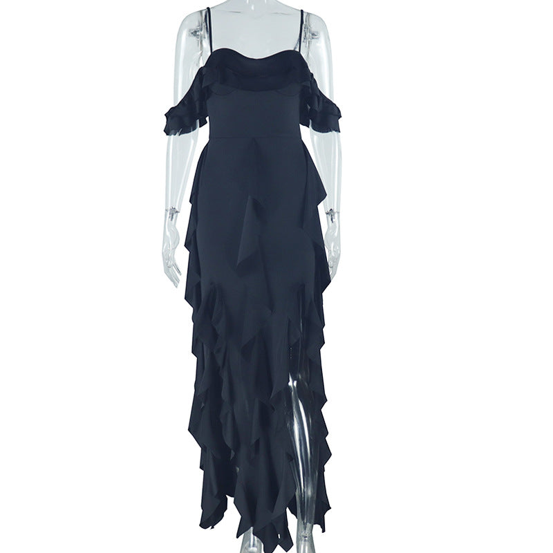 Women Clothing Solid Color Dress Sexy Spaghetti Straps Sleeveless Ruffled Irregular Asymmetric Maxi Dress Bella Mia