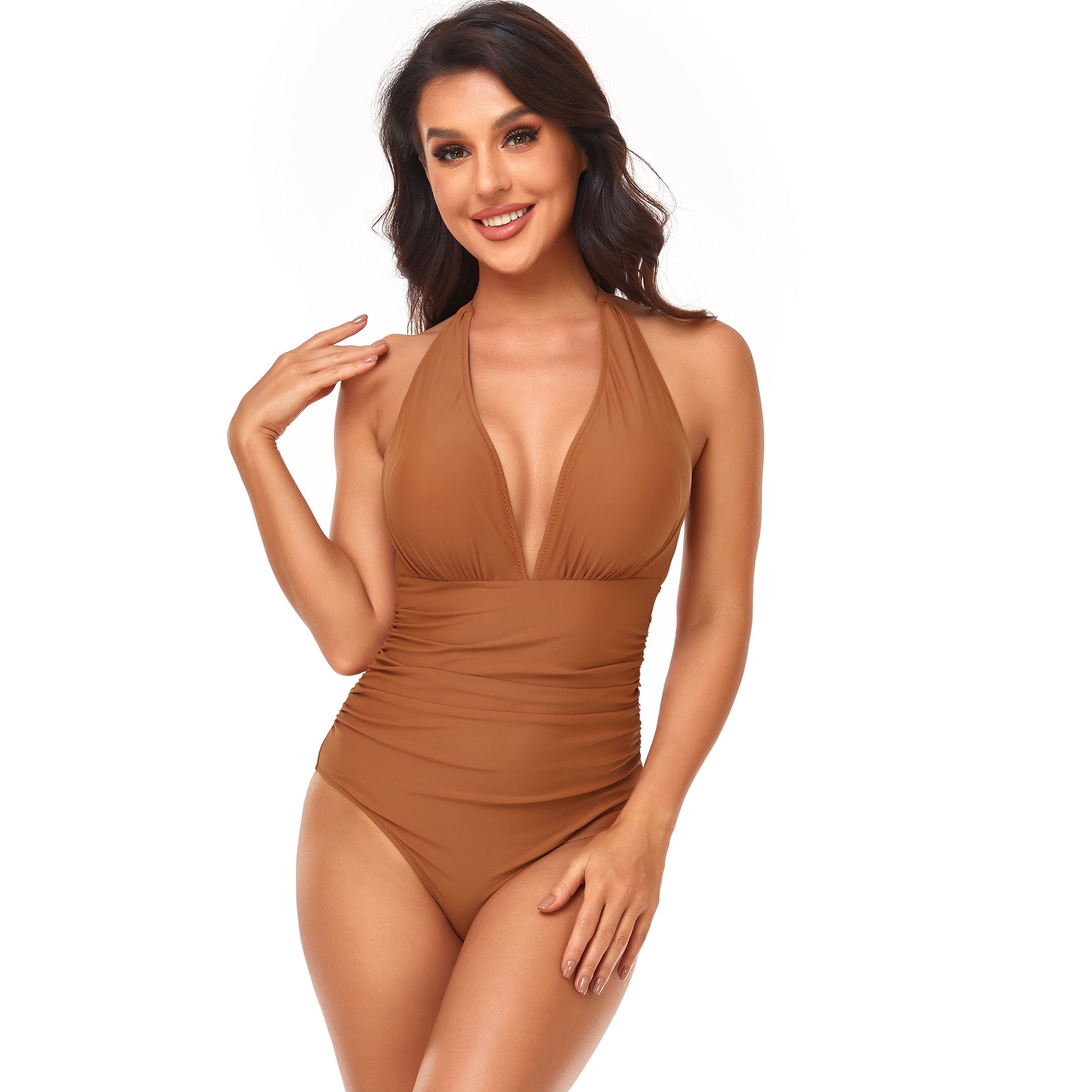 Solid Color One Piece Swimsuit Pleating Halter Swimsuit Popular One Piece Swimsuit Bella Mia