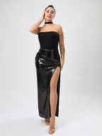 High Quality Sexy Slit Sequin Dress Autumn Women Clothing High Sense Tutu Bella Mia