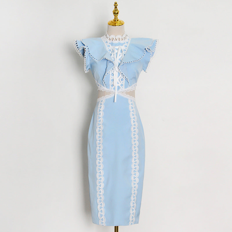 Elegant Women Hip Sexy Solid Color Ruffles Stitching Scheming Hollow Out Cutout out Maxi Dress Bella Mia