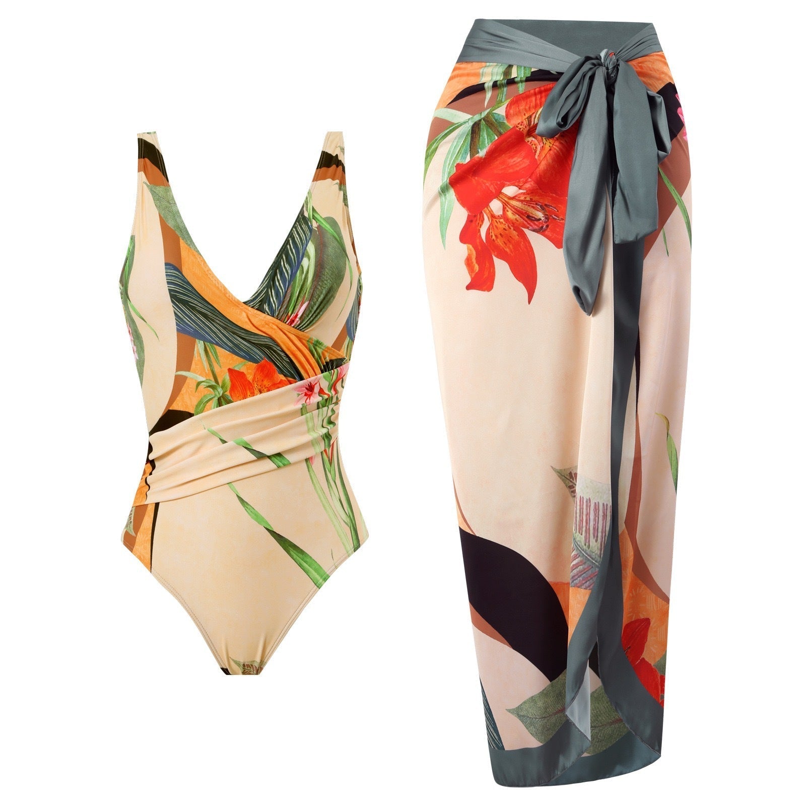 Two Piece Set Swimsuit Cross Belly Covering Printed Backless Sheath Dress Swimsuit Bella Mia