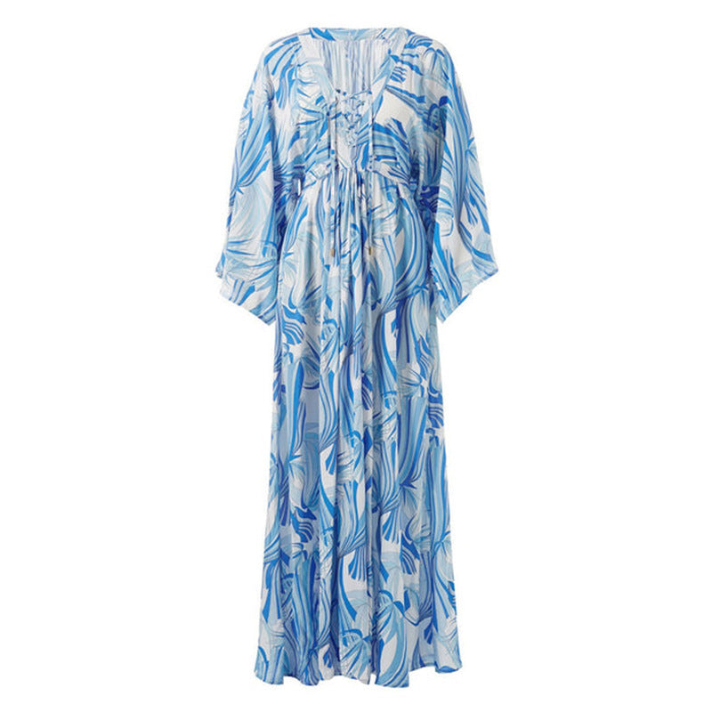 Printed Blouse Blue Irregular Asymmetric Striped Long Pullover Beach Bikini Swimsuit Sun Protection Shirt Bella Mia