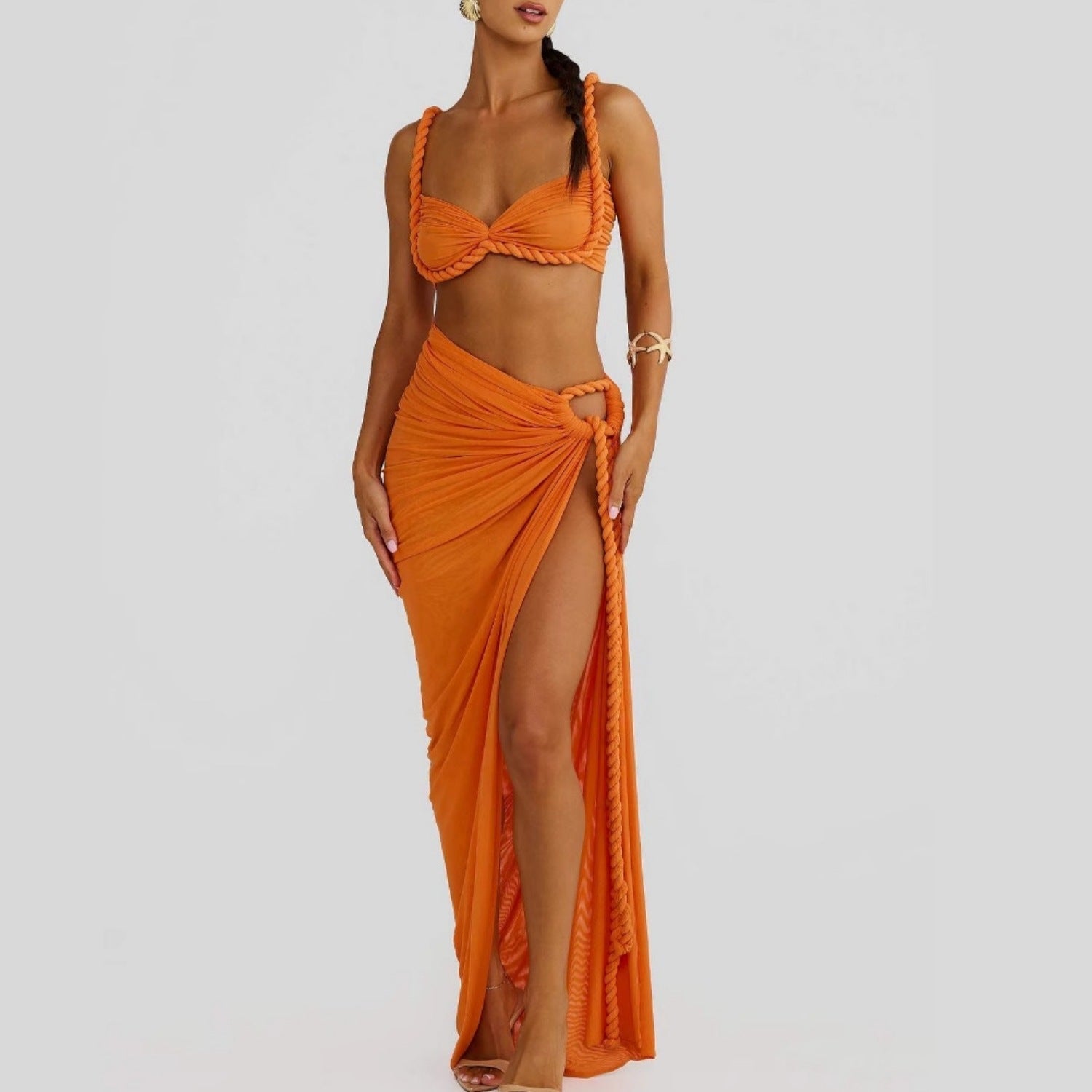 Summer Sexy Beach Vacation Swimsuit Woven Halter Top Top Split Skirt Set Bella Mia