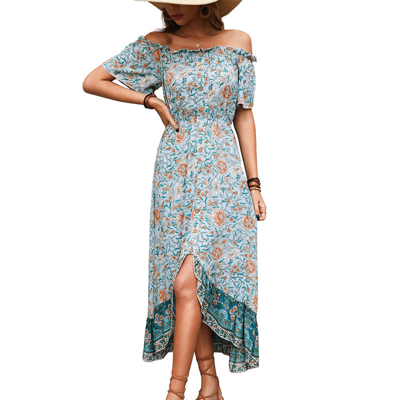 Arrival Summer Floral Blue off-Neck French Retro Dress