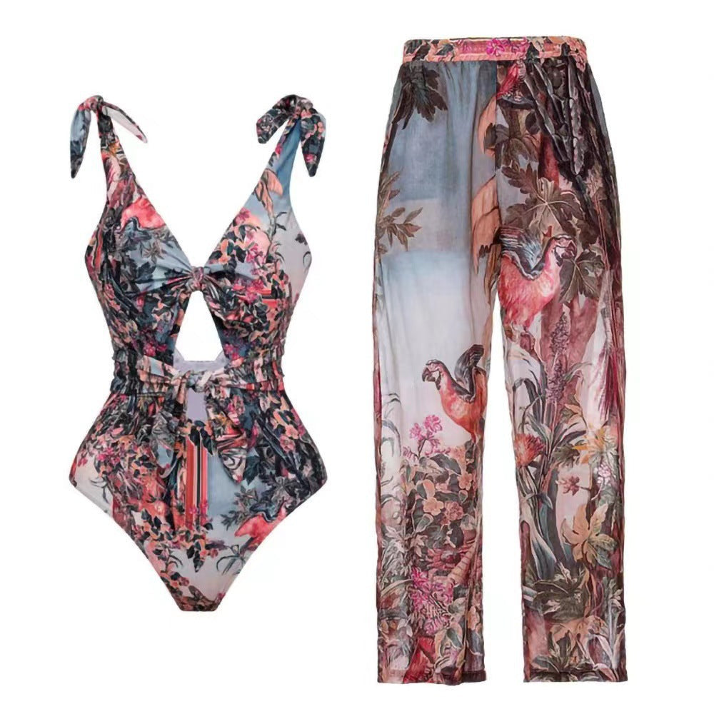 Spring One Piece Swimsuit Sexy Print Mesh High Waist Trousers Bikini Bella Mia