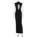 Women Clothing Black Fashionable Slim Fit Figure Flattering Stand Collar Chest Hollow Out Cutout out Mesh Stitching Mop Dress Bella Mia