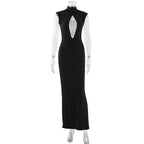 Women Clothing Black Fashionable Slim Fit Figure Flattering Stand Collar Chest Hollow Out Cutout out Mesh Stitching Mop Dress Bella Mia