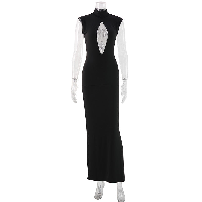 Women Clothing Black Fashionable Slim Fit Figure Flattering Stand Collar Chest Hollow Out Cutout out Mesh Stitching Mop Dress Bella Mia