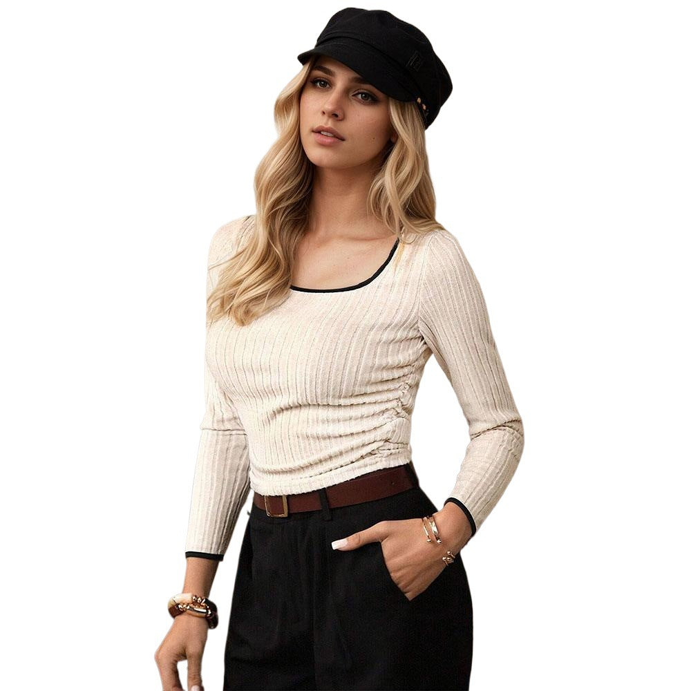 Retro Contrast Color Square Collar Shoulder Long Sleeve T shirt Autumn Slim Fit Inner Wear Slim Looking Base Short T shirt Bella Mia