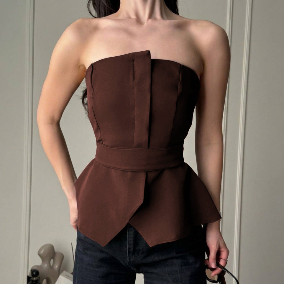Summer Slim Fit Tied Waist Tube Top Fashionable with Side Slit Vest Women Clothing Bella Mia