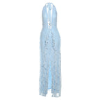 Women Clothing Summer Elegant Sexy Deep V Plunge neck Hollow Out Cutout Halter Lace up Lace Split Dress Bella Mia
