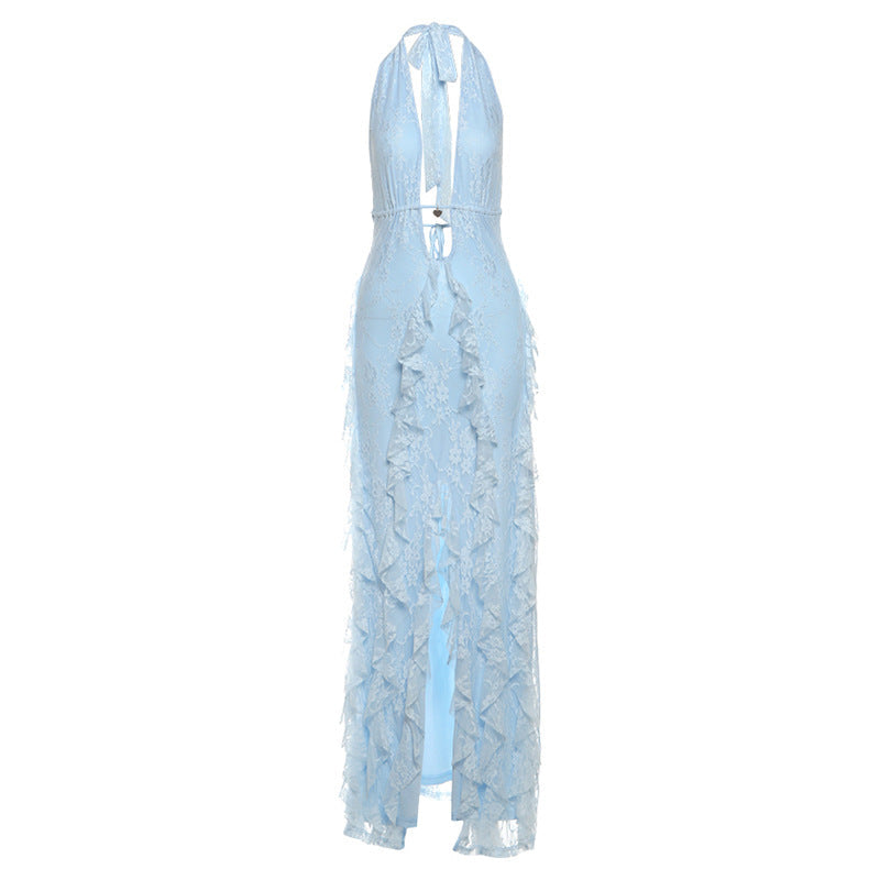 Women Clothing Summer Elegant Sexy Deep V Plunge neck Hollow Out Cutout Halter Lace up Lace Split Dress Bella Mia