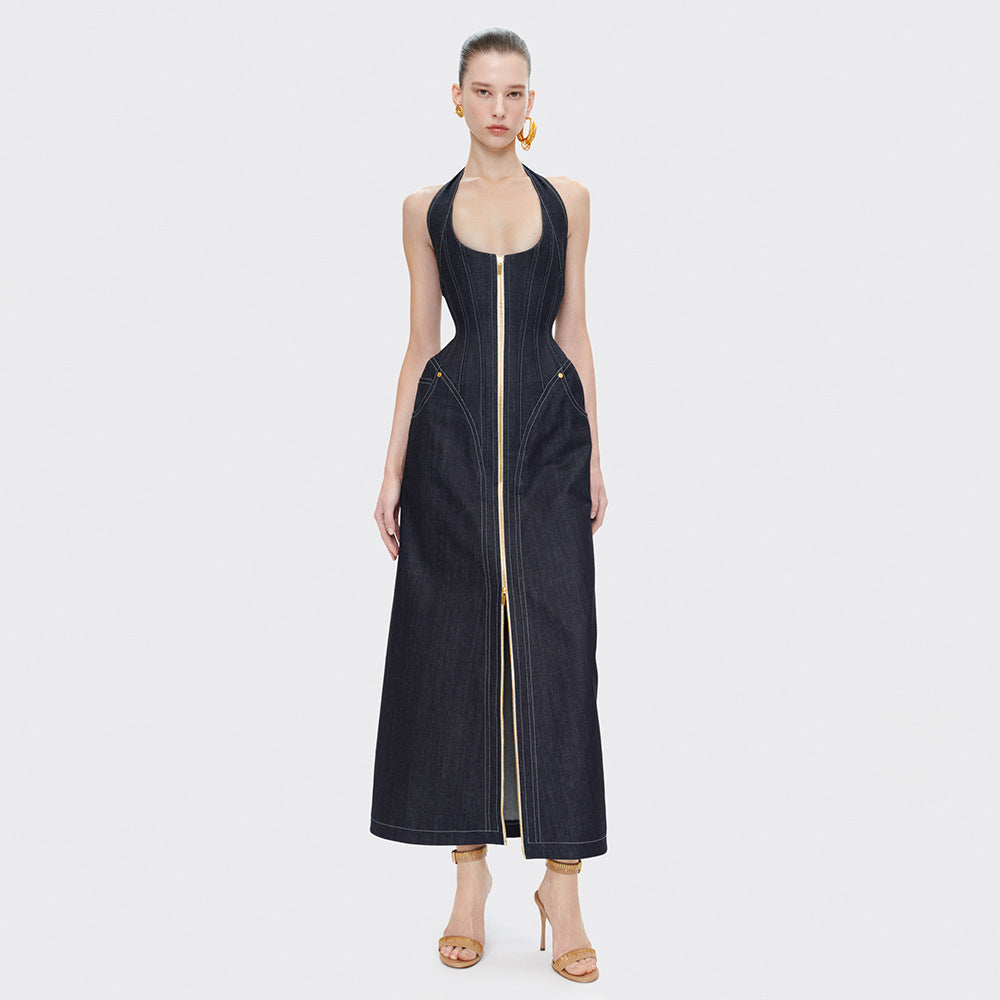 Elegant Solid Color Sleeveless Halter Slim Fit Backless Sheath Dress Denim Summer Bella Mia