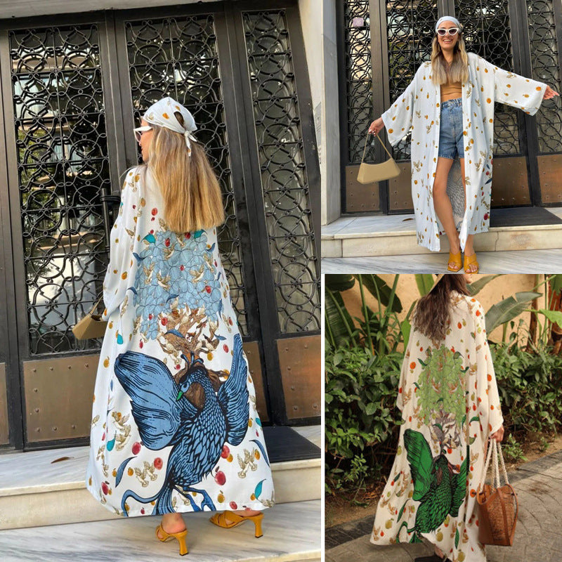Polyester Printed Long Sun Protection Cardigan Women Swimsuit Outer Beach Cover Up Women's Vacation Beach Coat Bella Mia