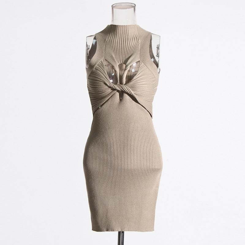 Sexy Sleeveless Elegant Design Hollow Out Cutout Twist Slim Fit Slimming Knitted Dress Women