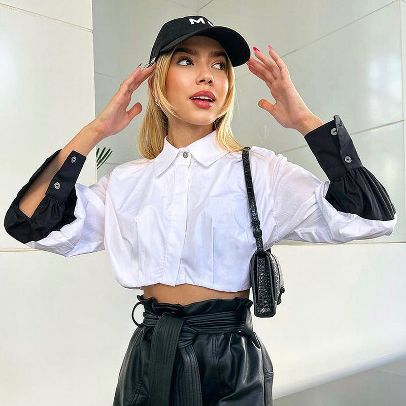 Women Clothing Autumn Polo Collar Stitching Contrast Color Long Sleeves cropped Cardigan Shirt Bella Mia