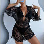 Long Sleeve Mesh Corset Swimsuit Women High Waist Drawstring Sun Protective Blouse Three Piece Bikini Bella Mia