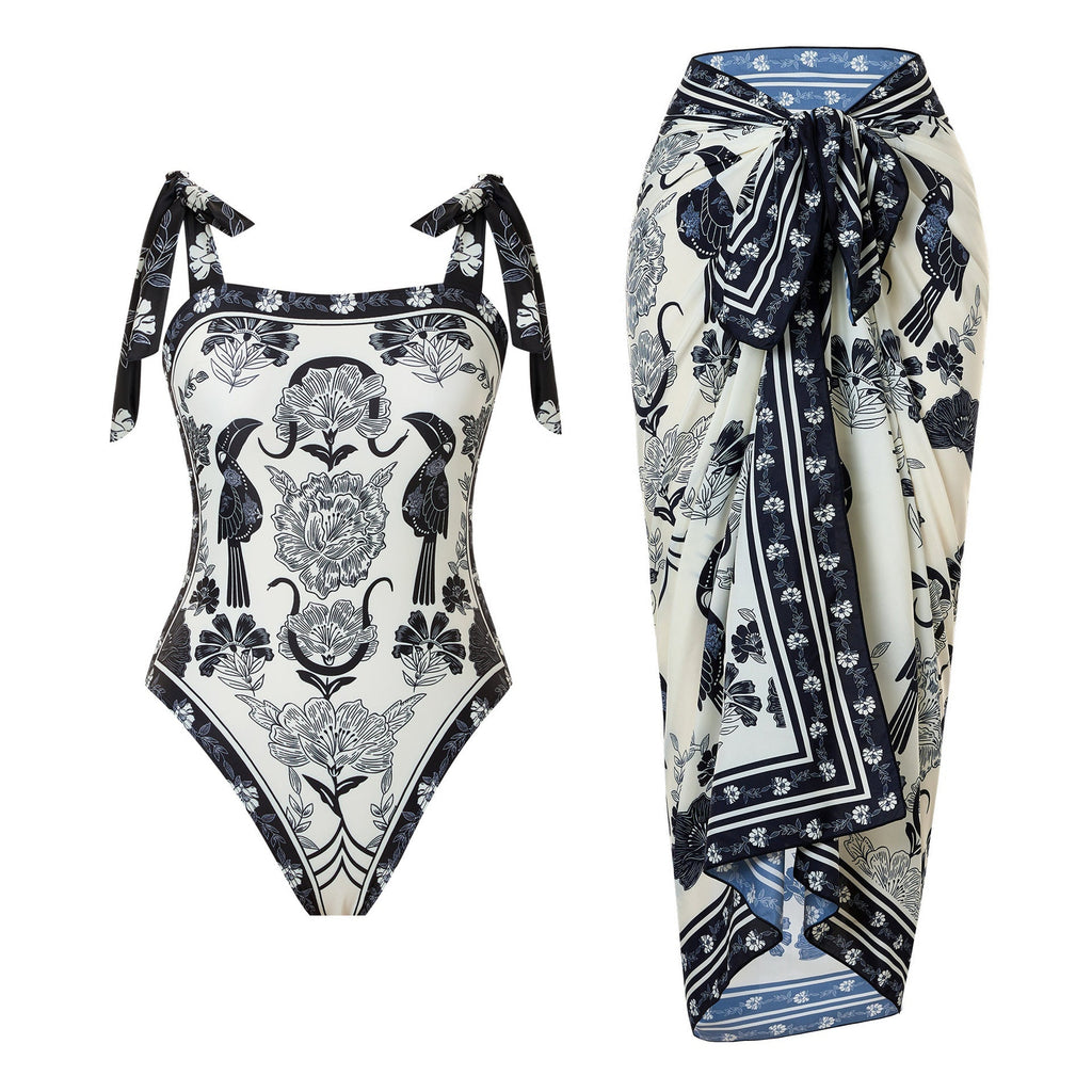 Products Retro Printed Swimsuit Women Conservative One Piece Chiffon Two Piece Sets Blouse Swimsuit Outfit Bella Mia