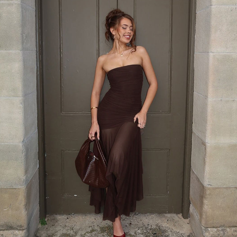 Women Clothing Spring Sexy Tube Top off Neck Mesh Stitching Dress Bella Mia