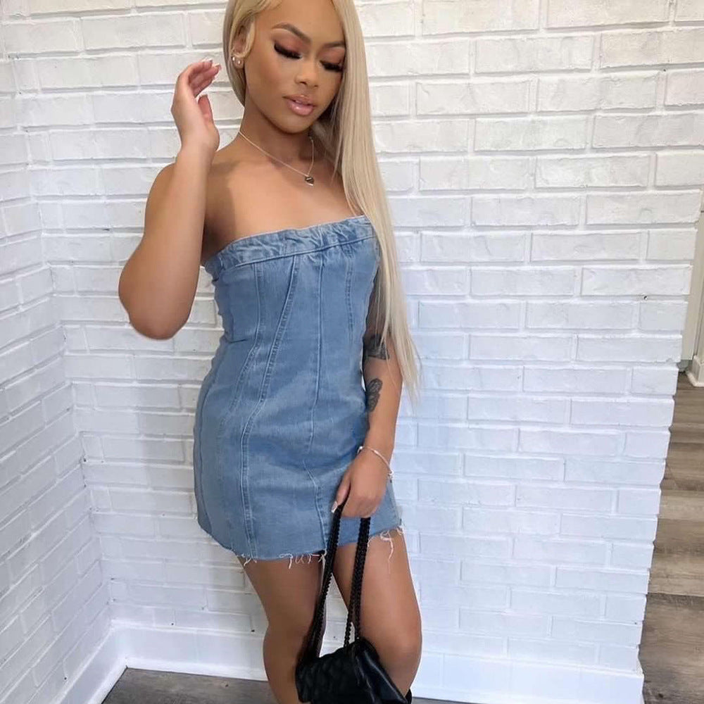 Denim Spring Summer Sexy Backless Wash Chest Wrapped Dress Women Bella Mia