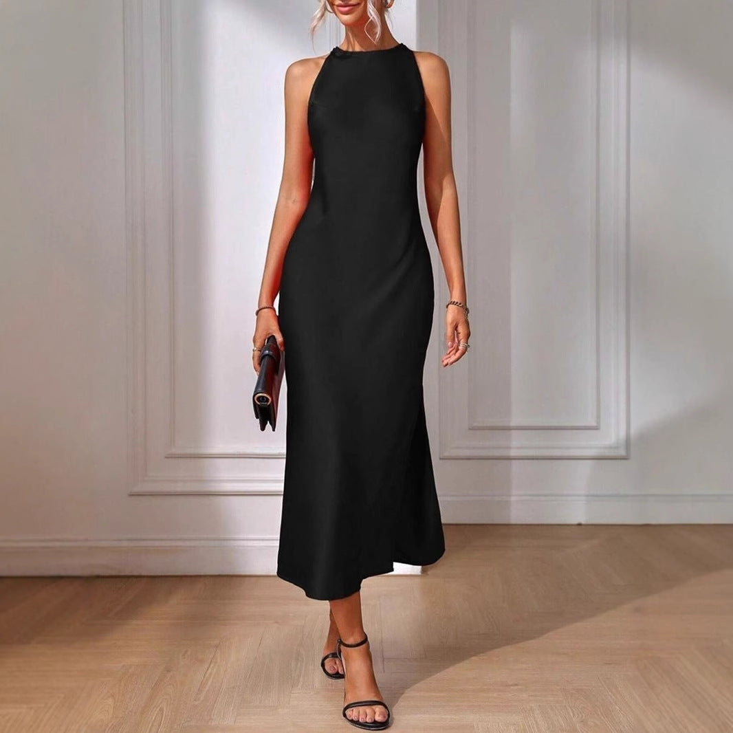 Satin Dress Women Clothing Spring Summer Sleeveless Split Satin Imitation Silk Maxi Dress Bella Mia