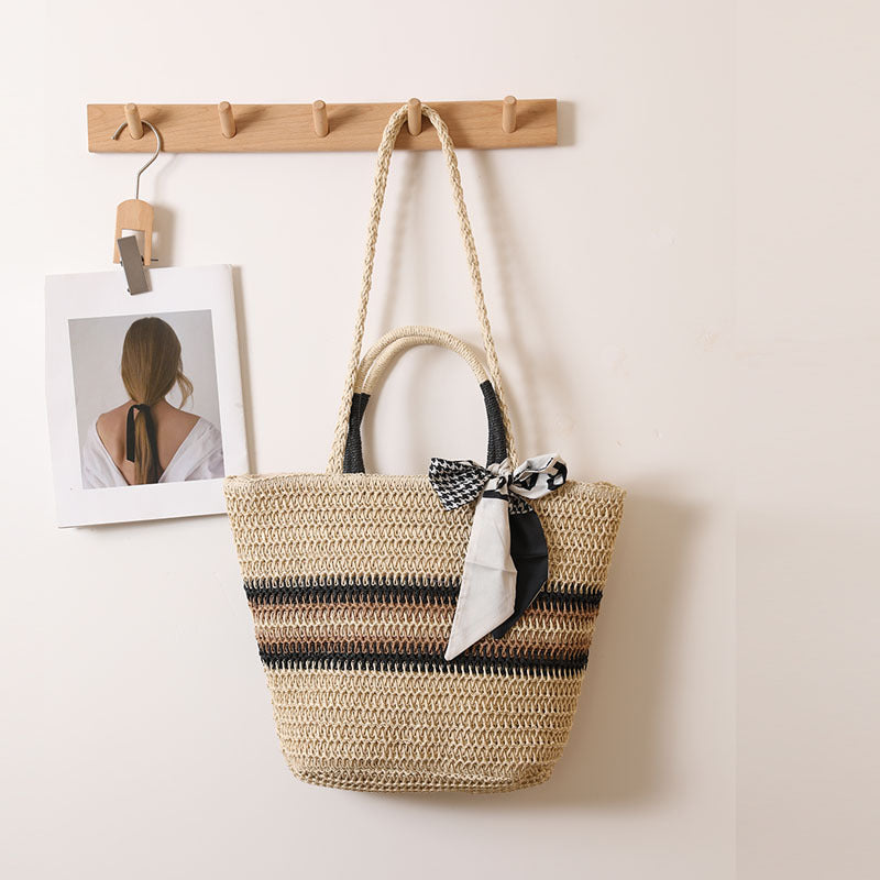 Striped Shoulder Straw Bag Silk Scarf Woven Tote Women Seaside Vacation Beach Bag Bella Mia