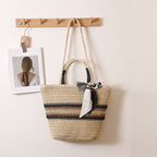 Striped Shoulder Straw Bag Silk Scarf Woven Tote Women Seaside Vacation Beach Bag Bella Mia