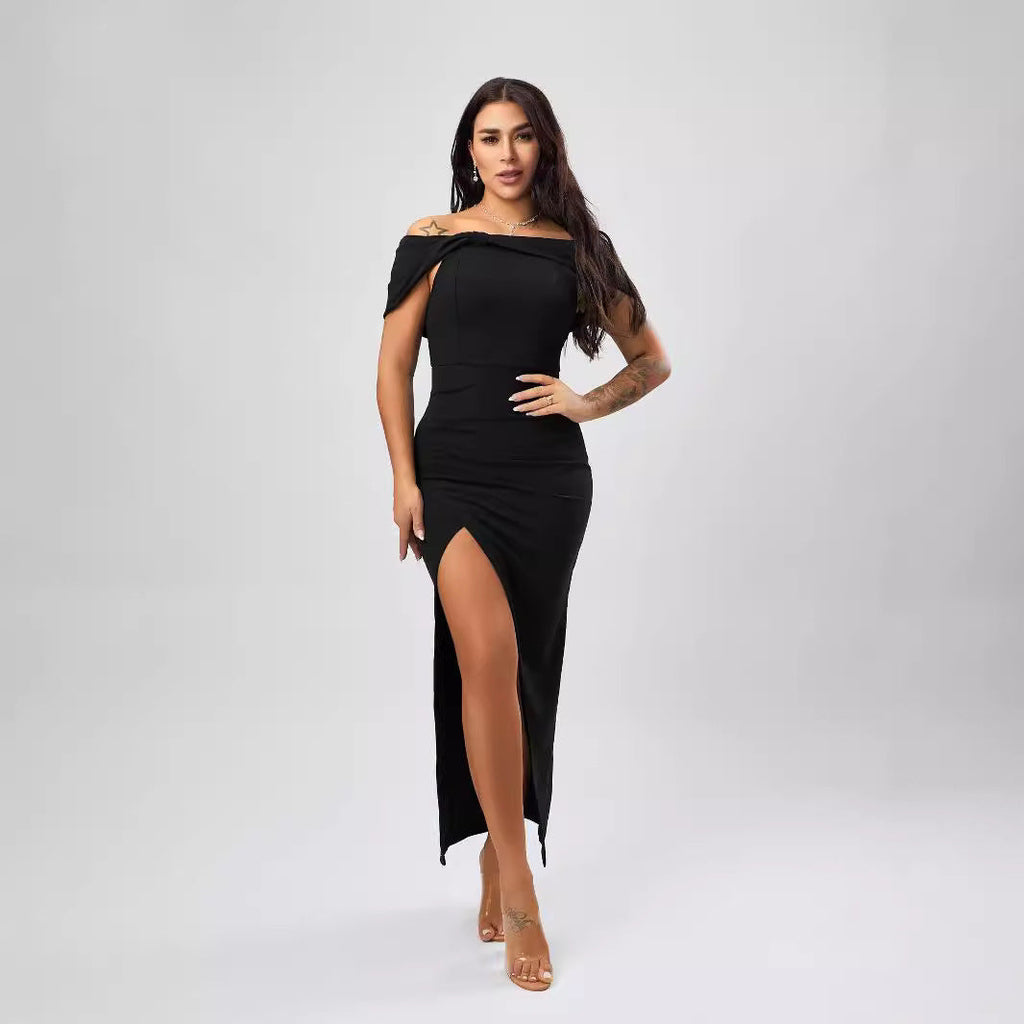 Maxi Dress Autumn Solid Color Off Neck Tight Sexy Slit Dress Bella Mia