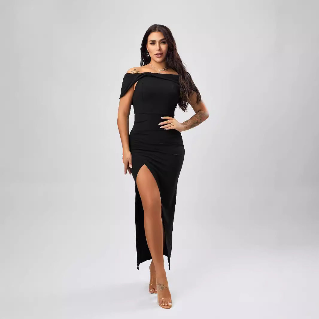 Maxi Dress Autumn Solid Color Off Neck Tight Sexy Slit Dress Bella Mia